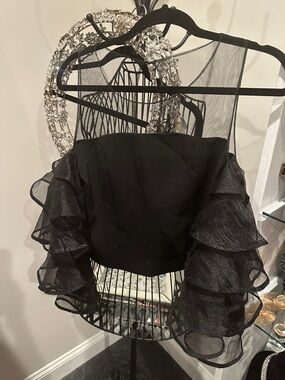 Akira Black Off-Shoulder Ruffle Crop Top with Dramatic Sleeves